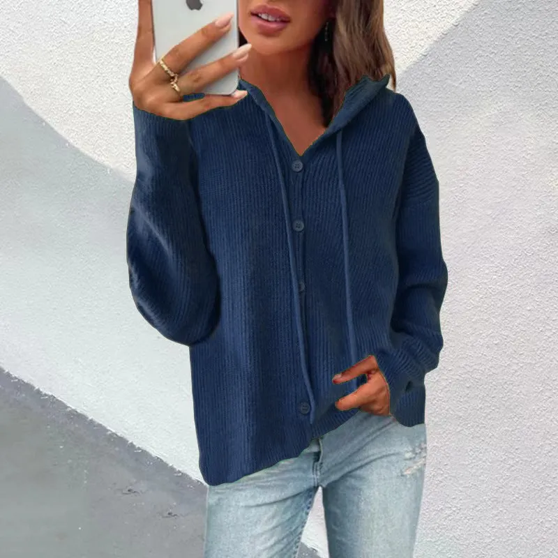 Casual Long Sleeve Buttoned Hooded Sweatshirt