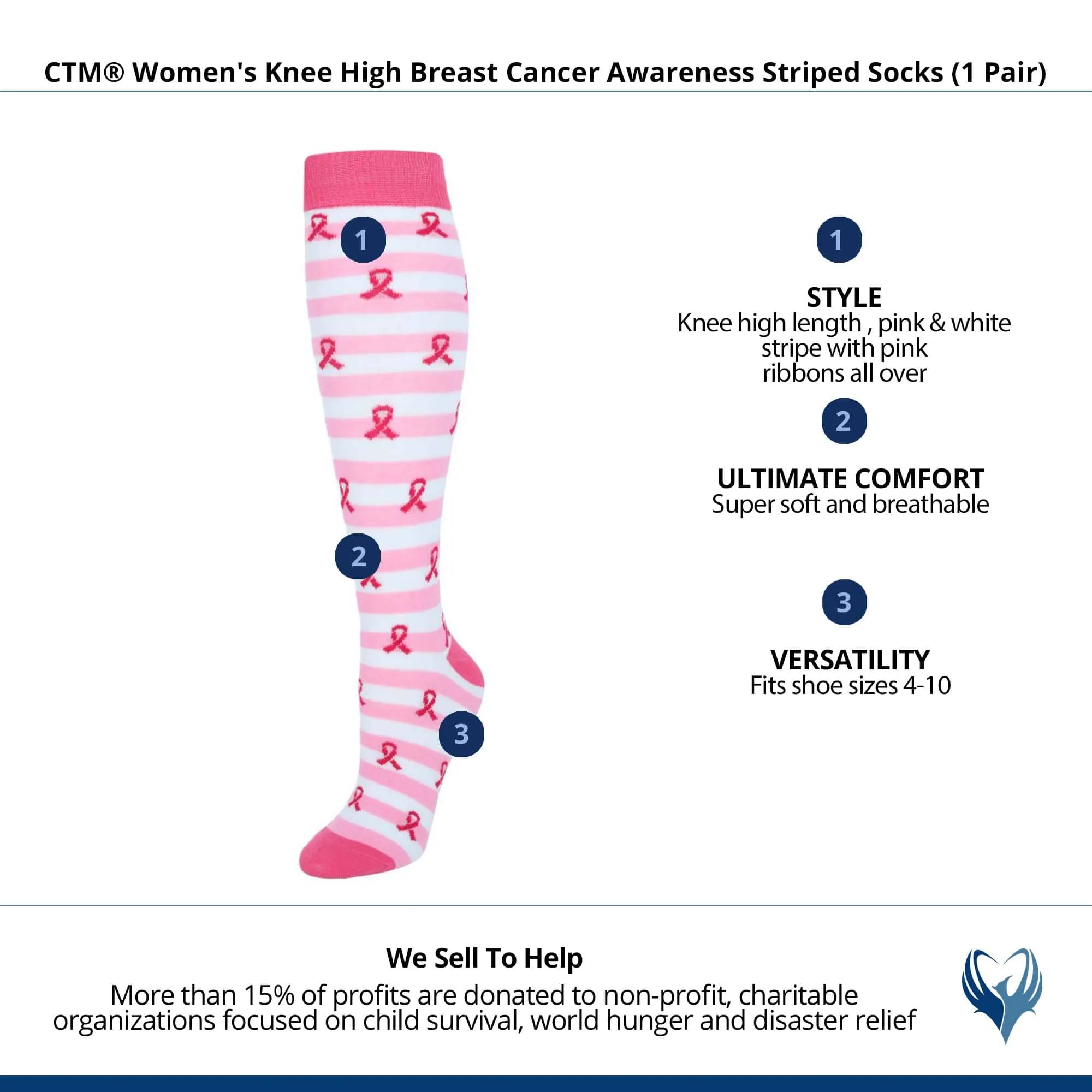 CTM® Women's Knee High Breast Cancer Awareness Striped Socks (1 Pair)