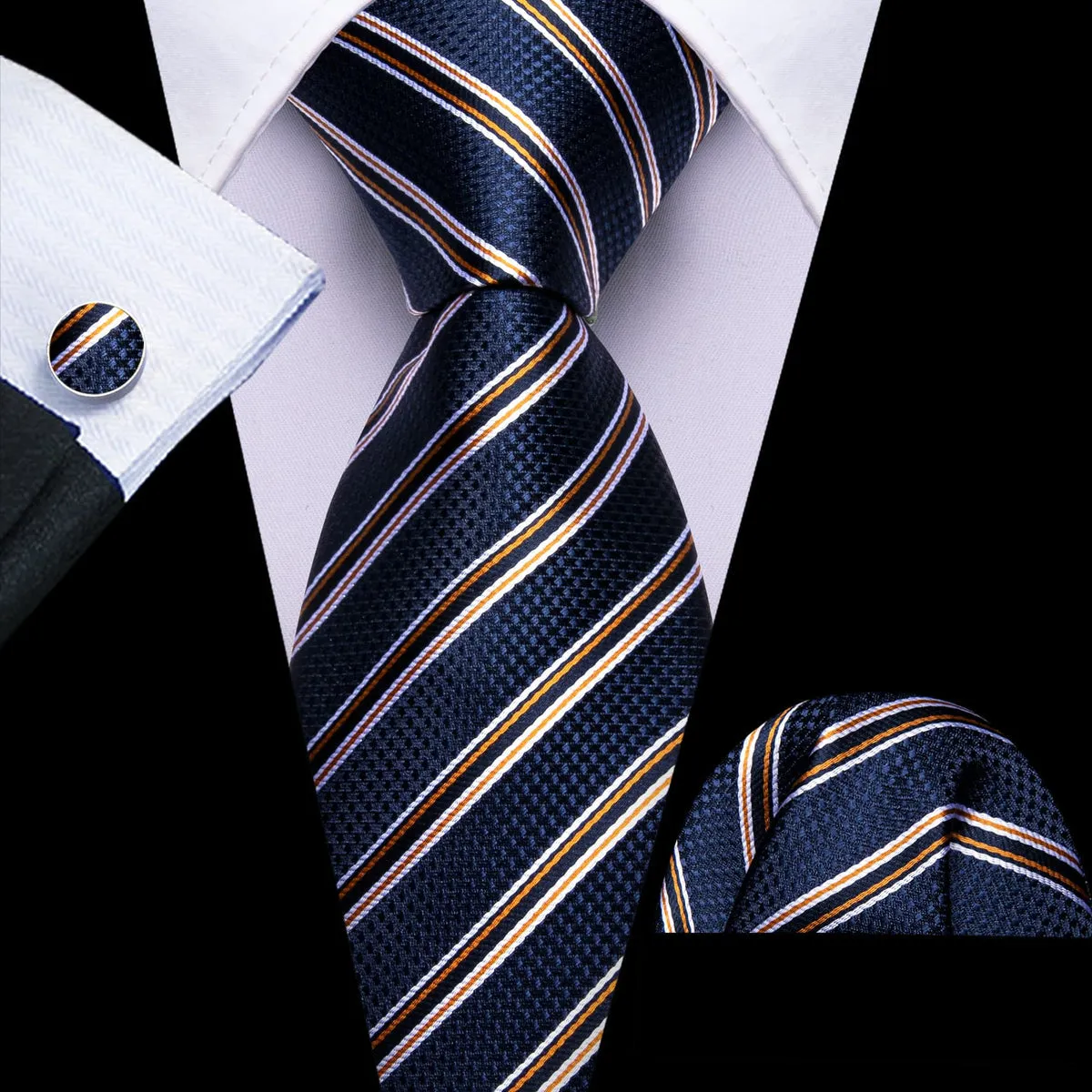 Dark Blue, Black, and Yellow Striped Jacquard Tie, Pocket Square, and Cufflinks Set