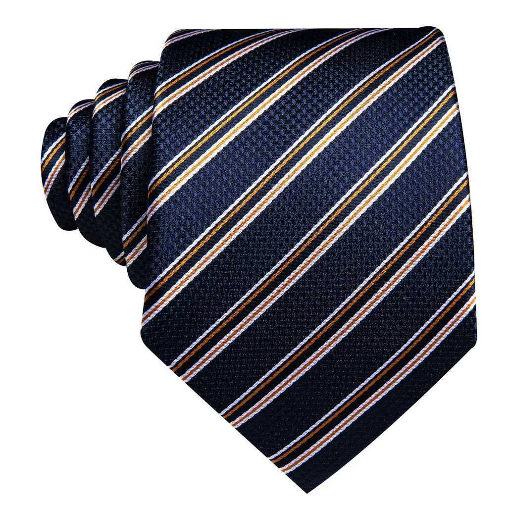 Dark Blue, Black, and Yellow Striped Jacquard Tie, Pocket Square, and Cufflinks Set