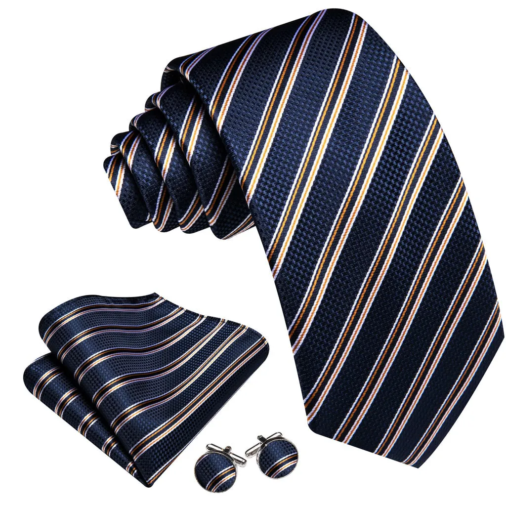 Dark Blue, Black, and Yellow Striped Jacquard Tie, Pocket Square, and Cufflinks Set