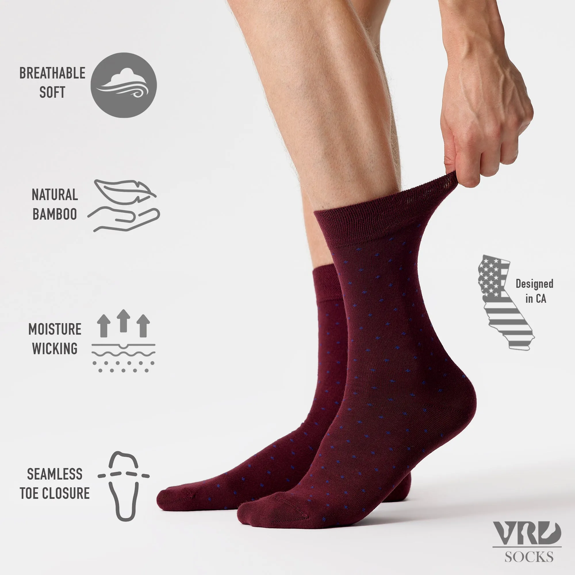 Men's Bamboo Dress Socks • Dotted Pack of 1/3/5 Pairs • Burgundy