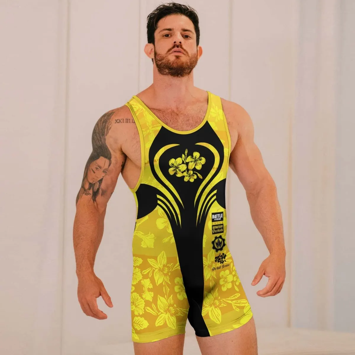 Orchid Series Floral Yellow Heart Pattern Wrestling Singlets